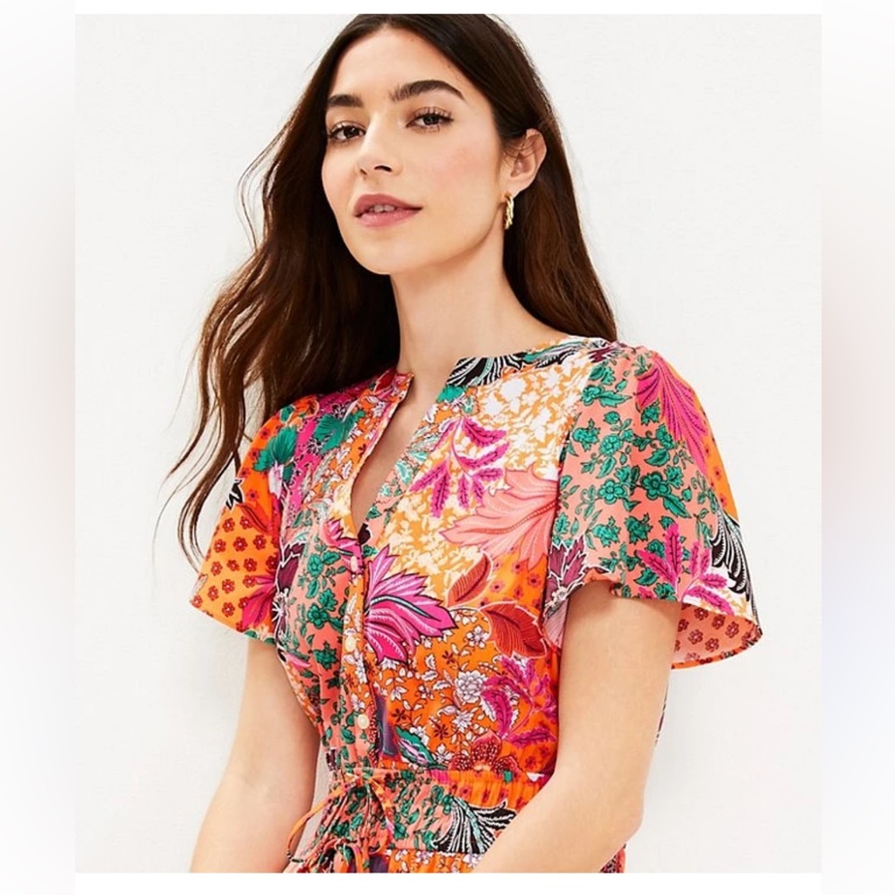Loft Petite Patchwork Bloom Smocked Tie Waist Dre… - image 3